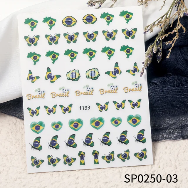 Fashion Adhesive World Cup Football Nail Decal Brazil Argentina Flag Nail Art Sticker 3D Manicure Decoration Accessories7.8x10cm SP0250-03