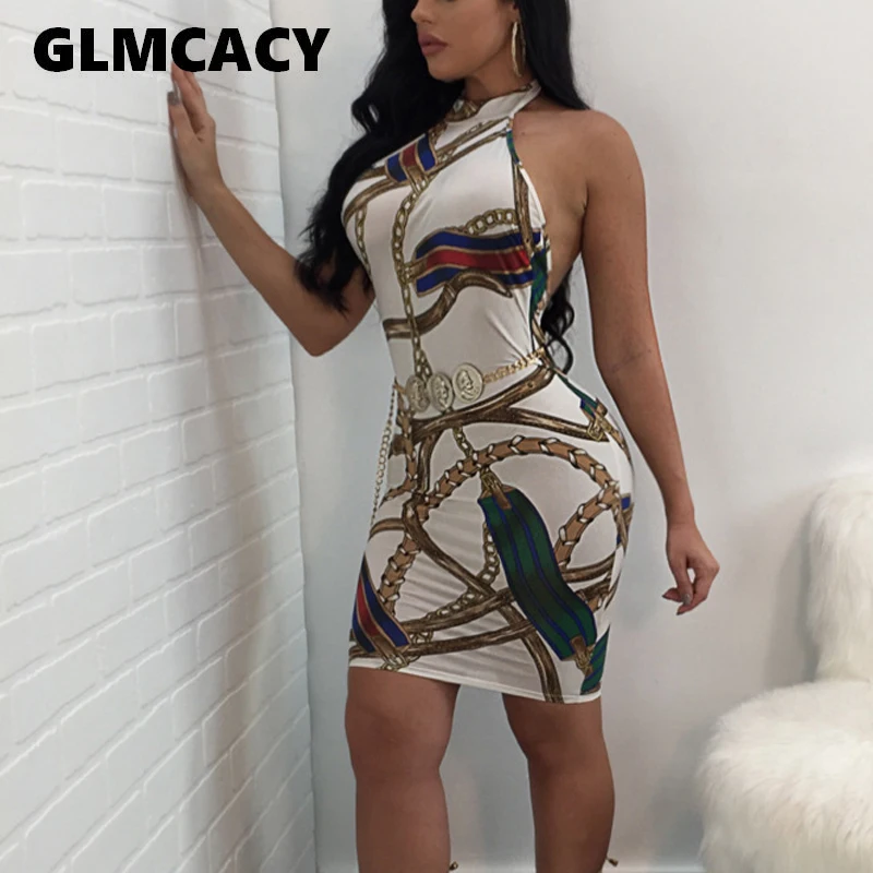 

Women Sleeveless Vintage Chain Printed Bodycon Dress Summer Sexy Backless Halter Night Out Party Club Dresses