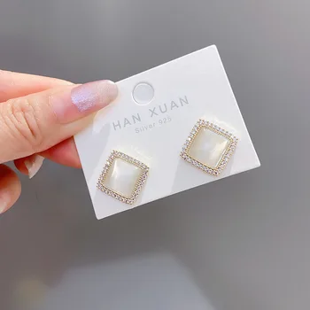 

925 Silver Japanese Korean Delicacy Auricular Needle Small Square Diamond Set Earrings Hipster Versatile Popular WF