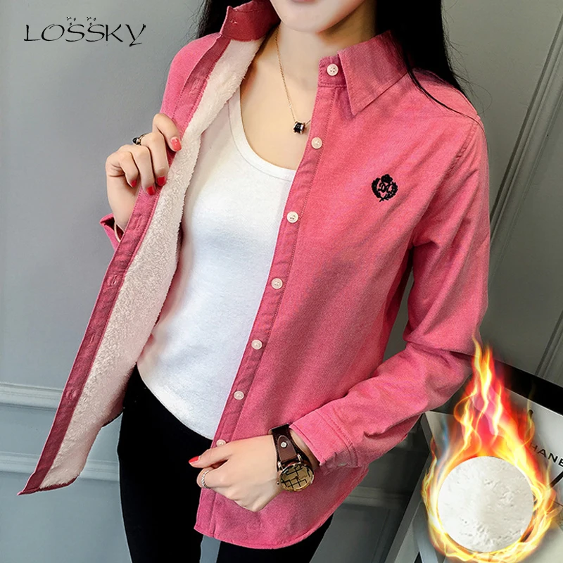 Skup Lossky kobiety bawełniana bluzka topy jesienno zimowa koszula z długim rękawem modny haft biały aksamit zagęścić ciepłe ubrania Femme 2019