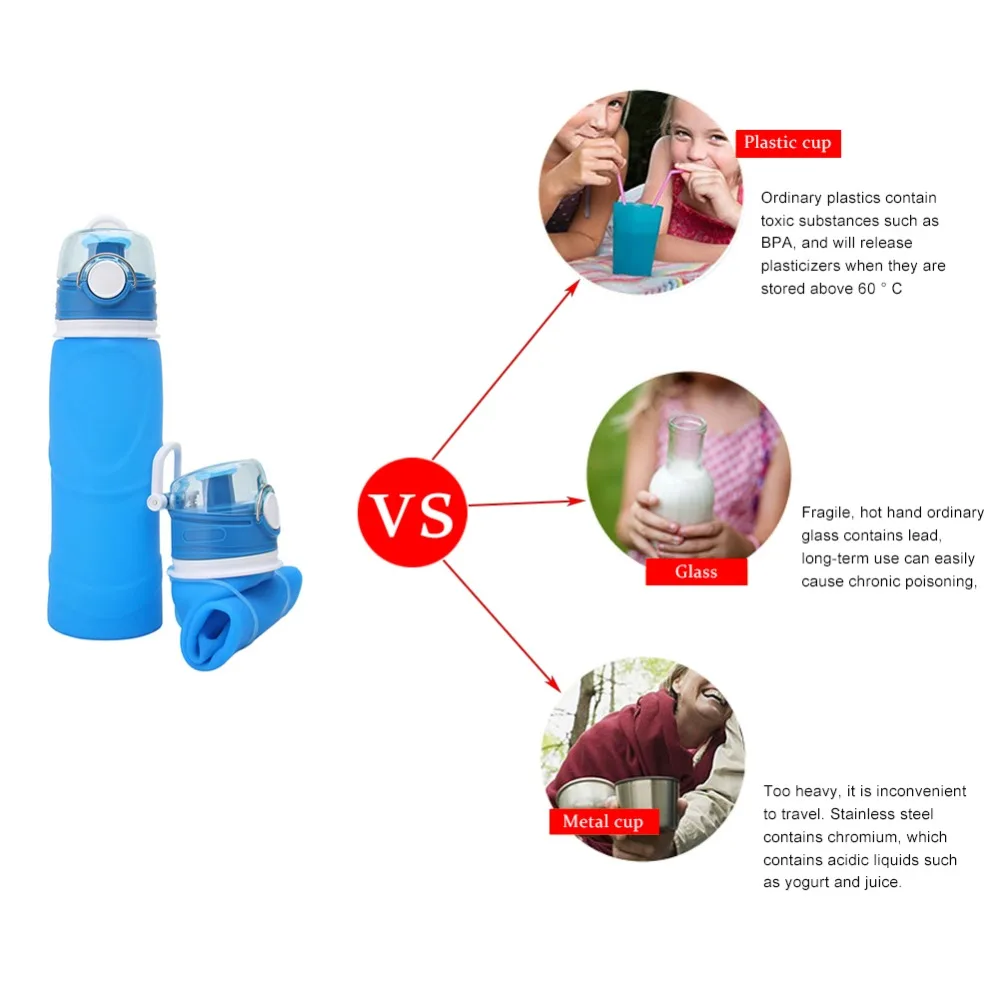 25 oz / 750ml Portable Eco-Friendly Silicone Folding Water Bottle Leak-Proof Outdoor Sports Bottle Suitable for Hiking Travel