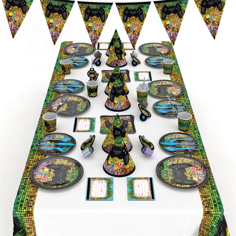 Gamepad Theme Cartoon Party Set Tableware Plate Napkins Banner Birthday Candy/popcorn Box Baby Shower Party Decoration Supplies