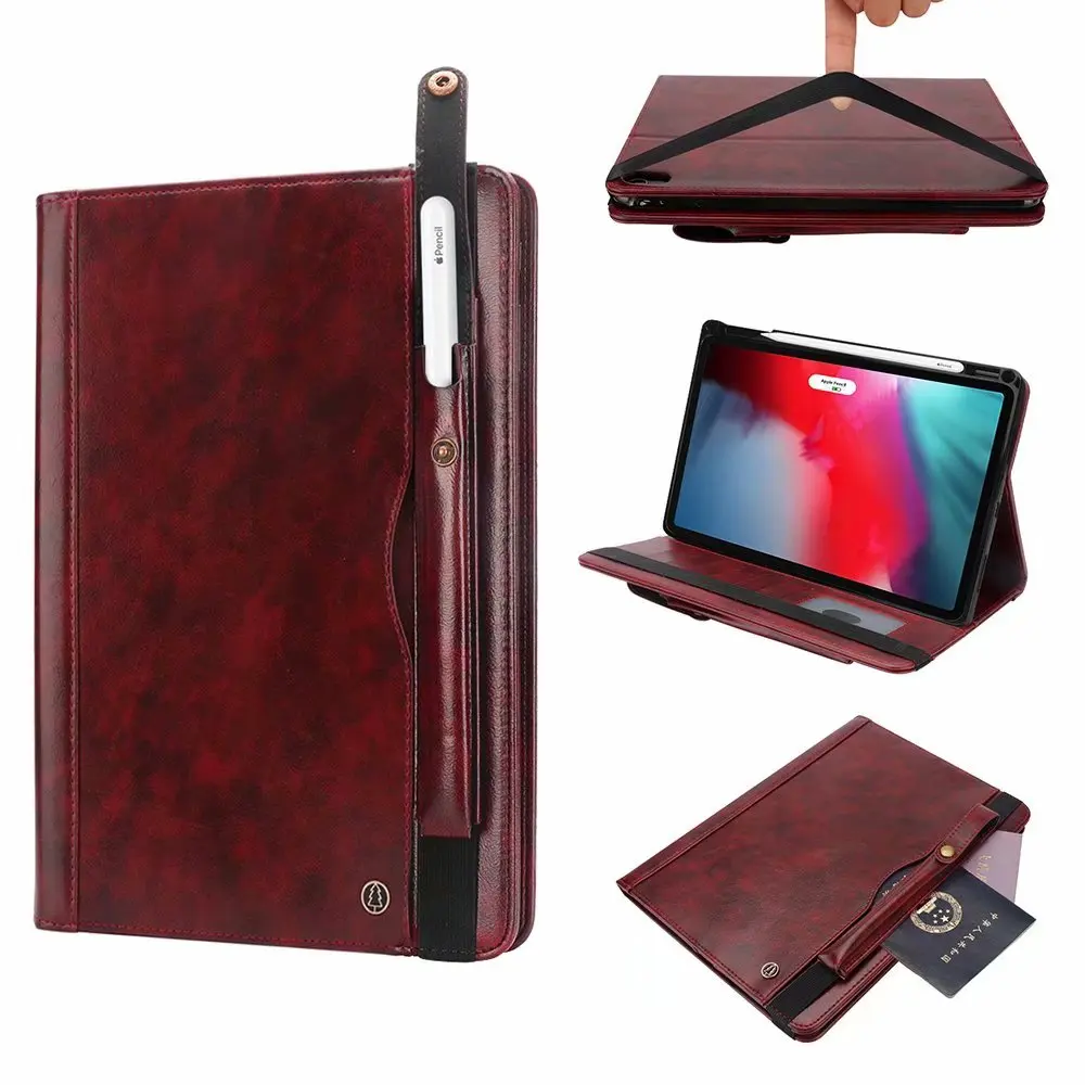 Кожаный чехол для планшета для IPad Pro 11, подставка-держатель, защитный чехол-кошелек+ ручка - Цвет: Red Wine