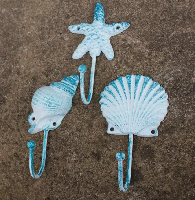 

3Pieces/Set H:14CM American Village Garden Iron Wall Hook Starfish Conch Shells Hooks Ornament Decorative