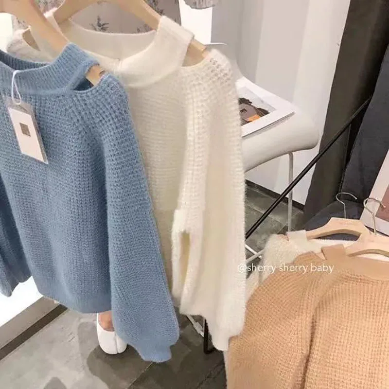 Retro French Sweater Women's Lantern Sleeve Loose Hanging Neck White Sweater Acrylic Vintage Blue Pullovers Female Tops Lady