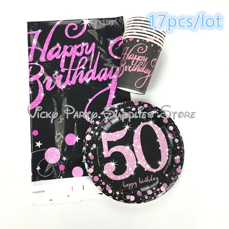 17pcs/lot Age Letters Party Disposable Tableware Set Anniversary Wedding Birthday Pink Gold Cup Plate Party Decoration Supplies