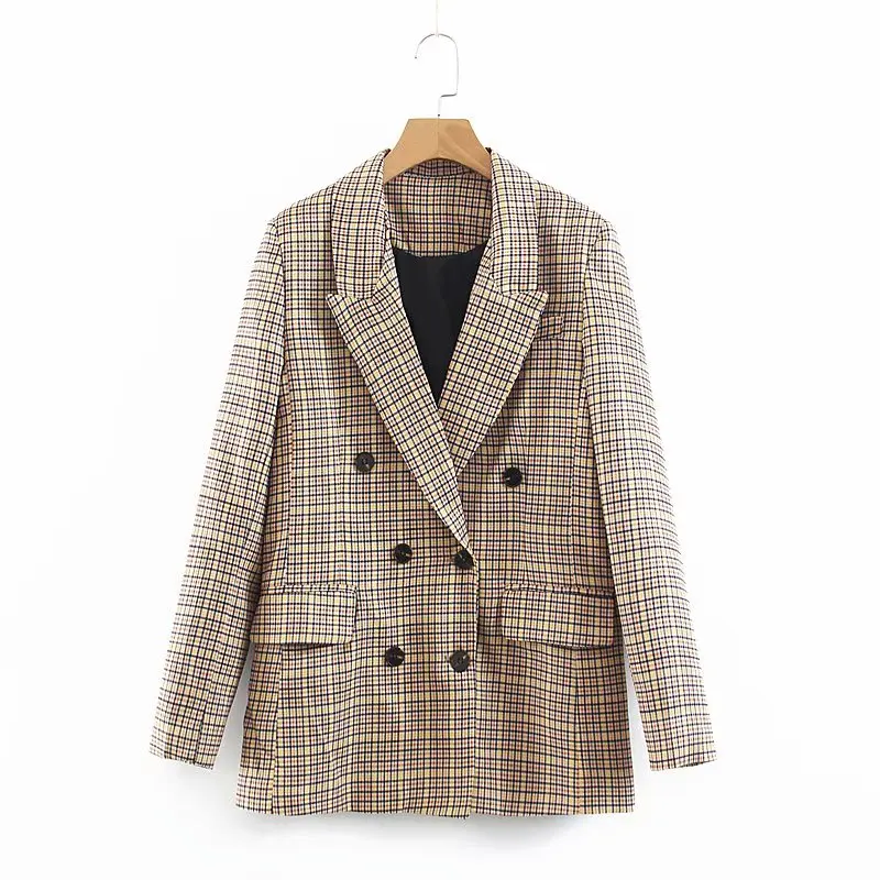 

casual suits chic women vintage office plaid jackets suit spring-autumn ladies notched collar coats feminine double breast girls
