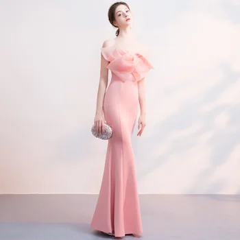 

Women 2020 New Evening Party Dress Noble Pink One Shoulder Mexi Dresses Cheongsam Temperament Sequins Vestidos De Festa Qipao