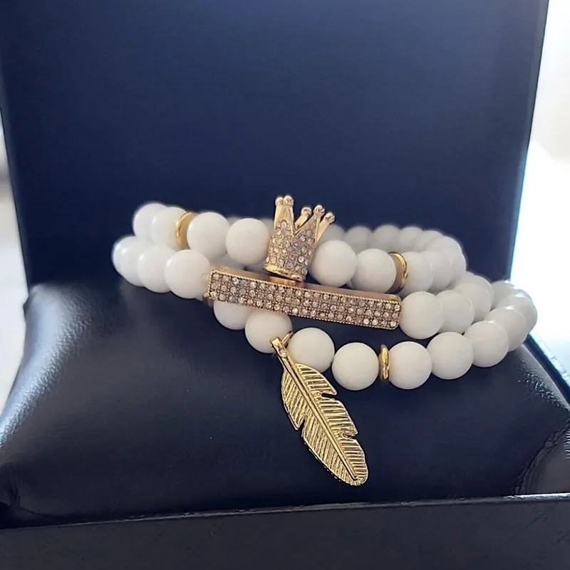 

3Pcs/Sets 8MM White Stone Beads Bracelet Sets CZ Crown Bar Charm Leaf Pendant Yoga Mala Couple Bracelet Sets Women Men