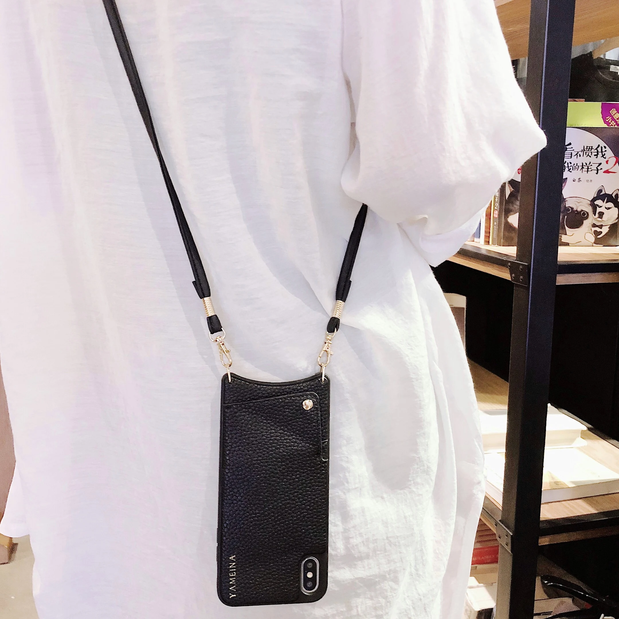 

For iPhone Xs Max Xr X 8 7 Plus Leather Case with Crossbody Strap for Women Free Hands Single Cover Card Holder Buckle Lock