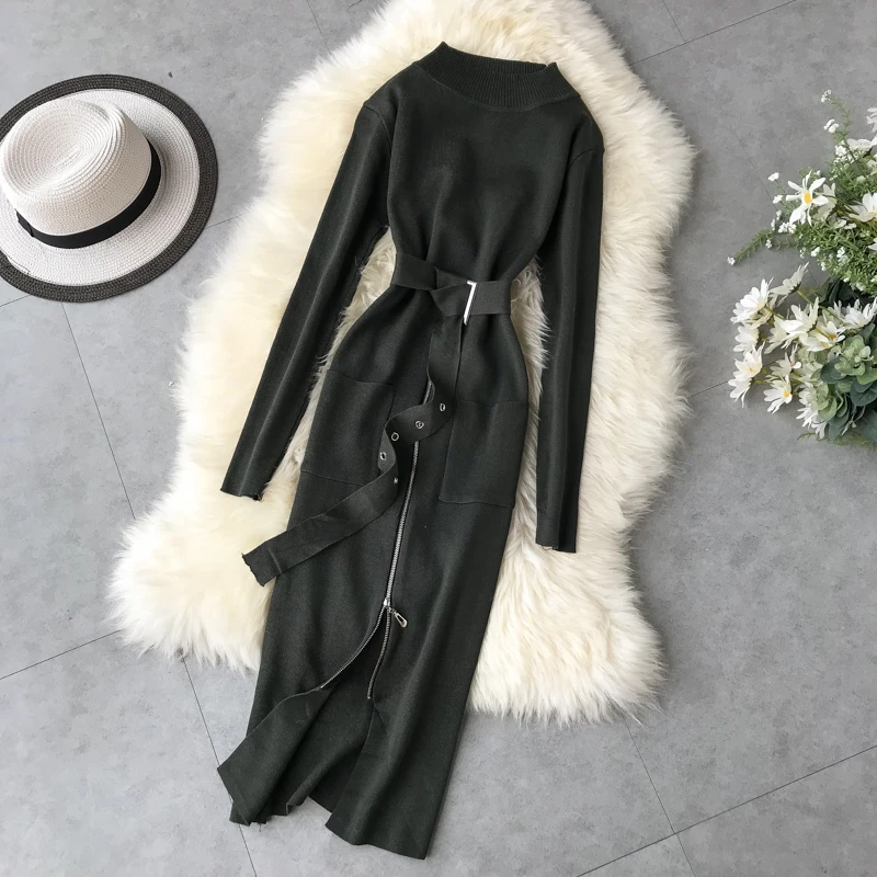 

Fashion Zipper Slim Autumn Winter Bodycon Bandage Knit Sweater Midi Pencil Dress Casual Party Women Long Sleeve Split Vestidos