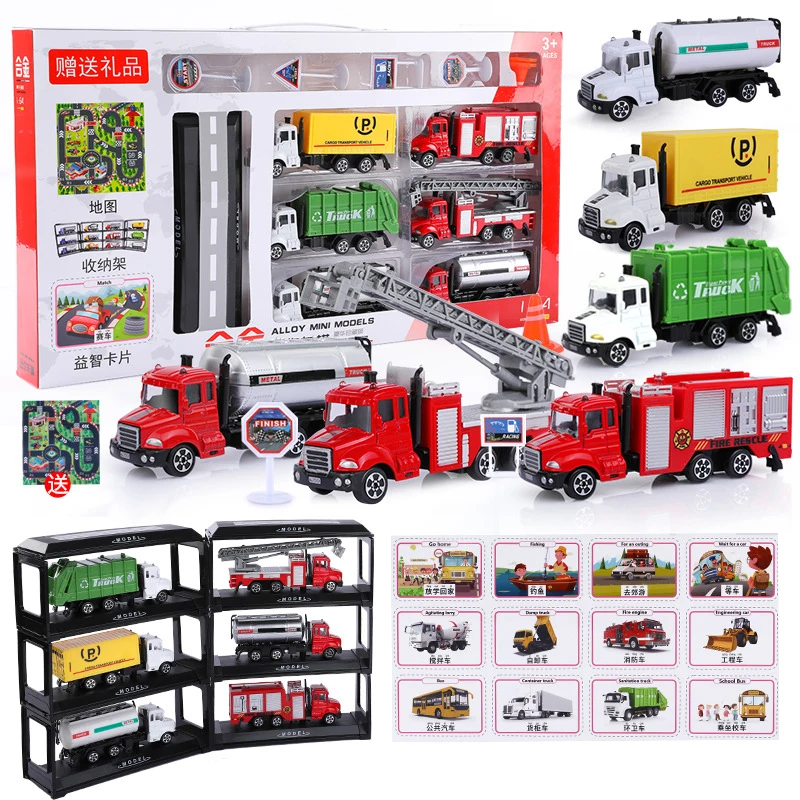 

alloy car model simulation engineering vehicle excavator fire ladder car model set Included Learning card fun map kid toys gifts