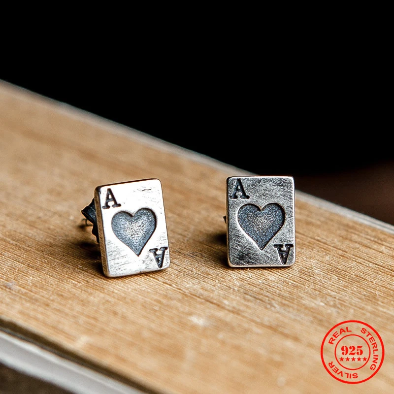 MKENDN-pendientes de plata de ley 925 auténtica Retro Para hombre y mujer, aretes de tuerca, estilo Hip Hop, gótico, Punk, naipes