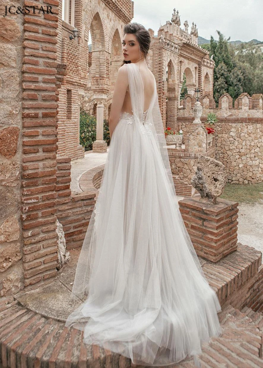 Vestidos de novia сексуальное свадебное платье с глубоким v-образным вырезом и открытой спиной с аппликацией, свадебное платье трапециевидной формы в стиле бохо gelin elbisesi pretty