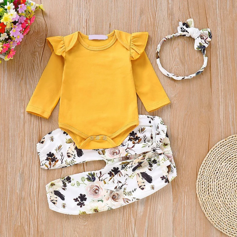 

Smartbaby Tops Flower Autumn Baby Girl Clothes Suit Long Flare Sleeve Romper Print Trousers Headband 3 Piece Newborn Outfits Set