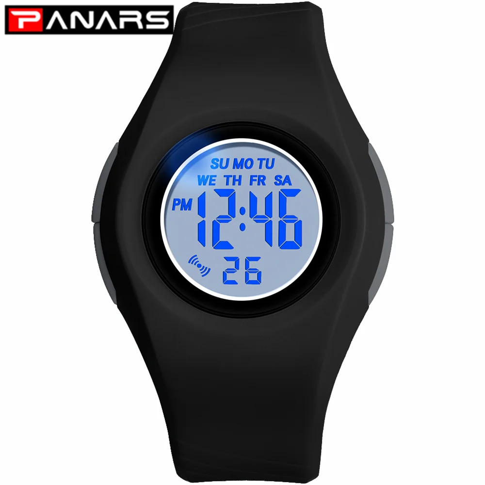 

PANARS New Colorful 7 LED Lights Blue Kids Digital Watches 50M Waterproof Luminous Alarm Chronograph Wristwatch for Girls Boys