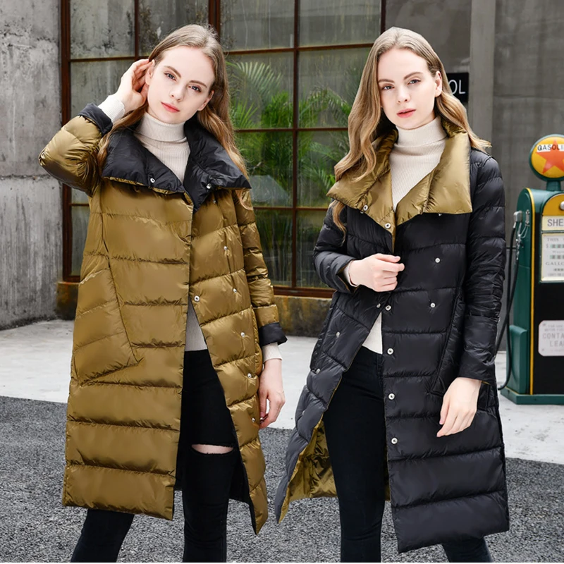 

Light Double-Sided Women Down Coat Parka Warm Winter White Duck Down Collar Lady Medium Long Coats Blue/Green/White Slim Jackets