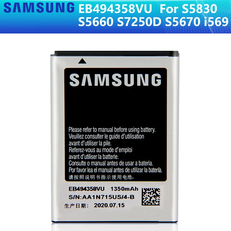 SAMSUNG оригинальный аккумулятор EB494358VU для Samsung Galaxy Ace S5830 S5660 S7250D S5670 i569 I579 GT S6102 S6818 S5839i