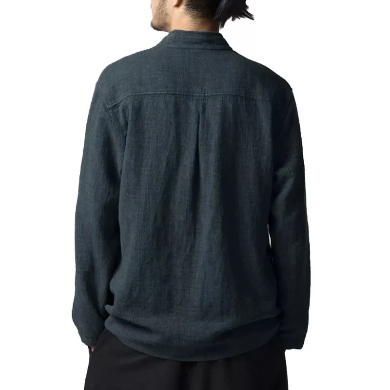 Spring Plus Size Men's Baggy Solid Cotton Linen Long Sleeve Button Shirts S-5XL Stand Collar Mens Casual Loose Tops Shirt
