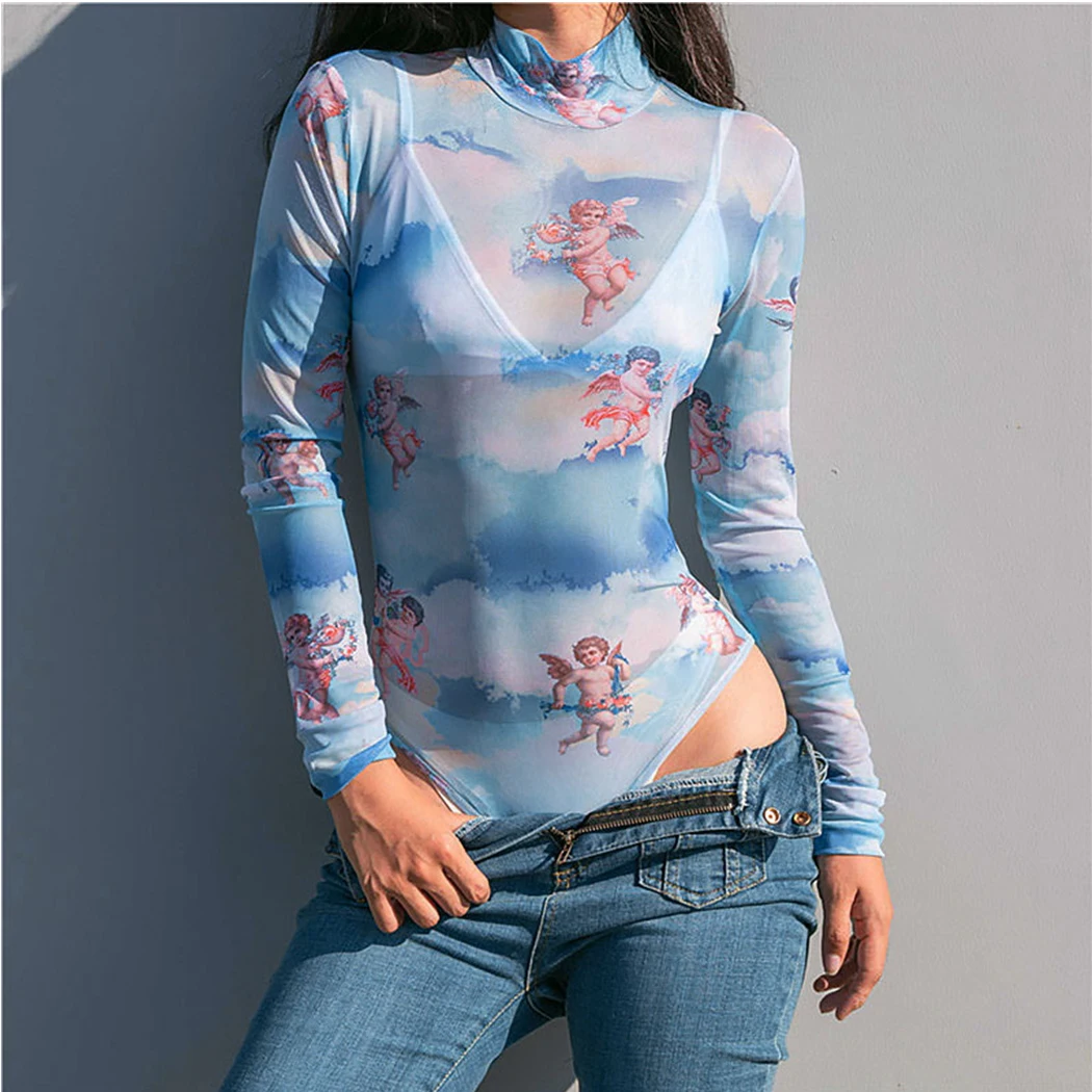 Sexy Printed Angel Bodysuit Women Fashion Turtleneck Mesh Long Sleeve Romper Summer Casual Women See Through Slim Bodysuits