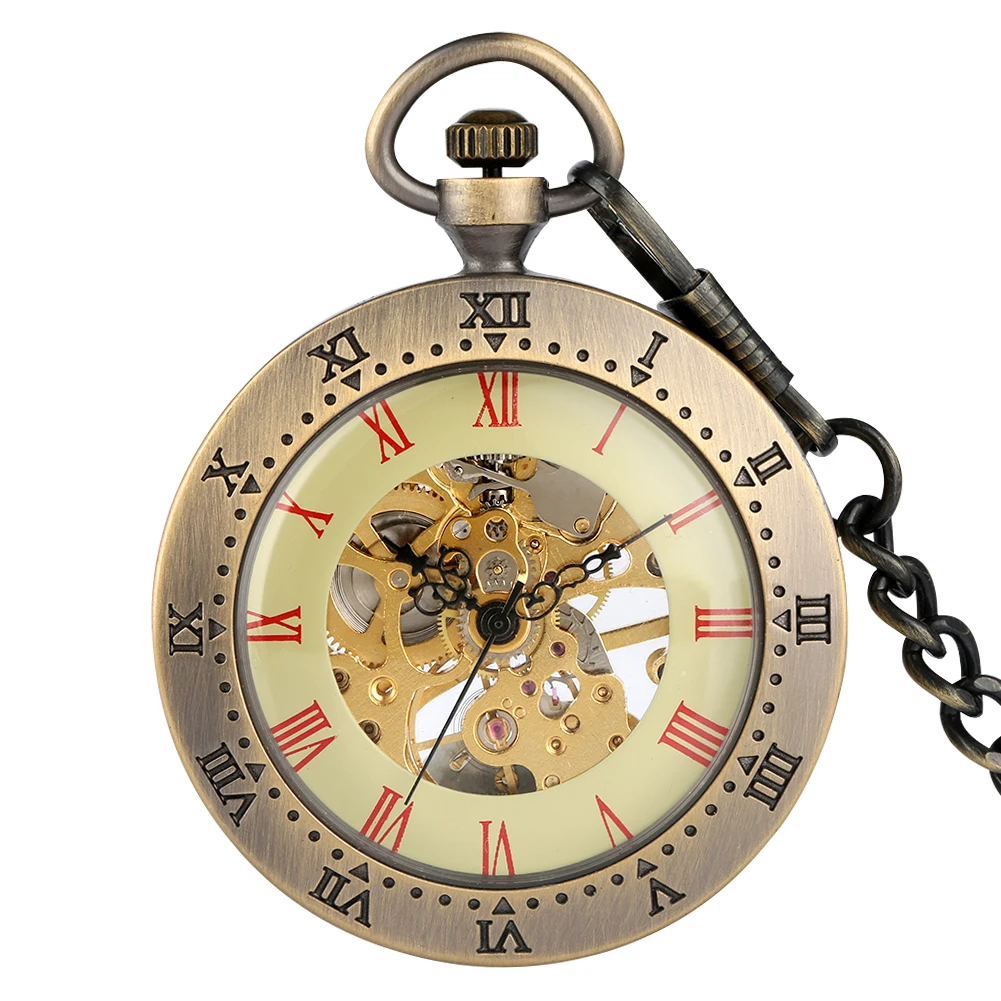 Antique Mechanical Hand Wind Pocket Watch Open Face Skeleton Roman Numerals Dial Pendant Watches Fob Chain Steampunk Xmas Gifts
