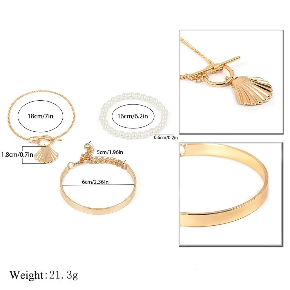 Lacteo 3 шт./компл. в богемном стиле золотой гребешок оболочки кулон браслет Для женщин мода искусственный жемчуг цепочка браслет ювелирные изделия