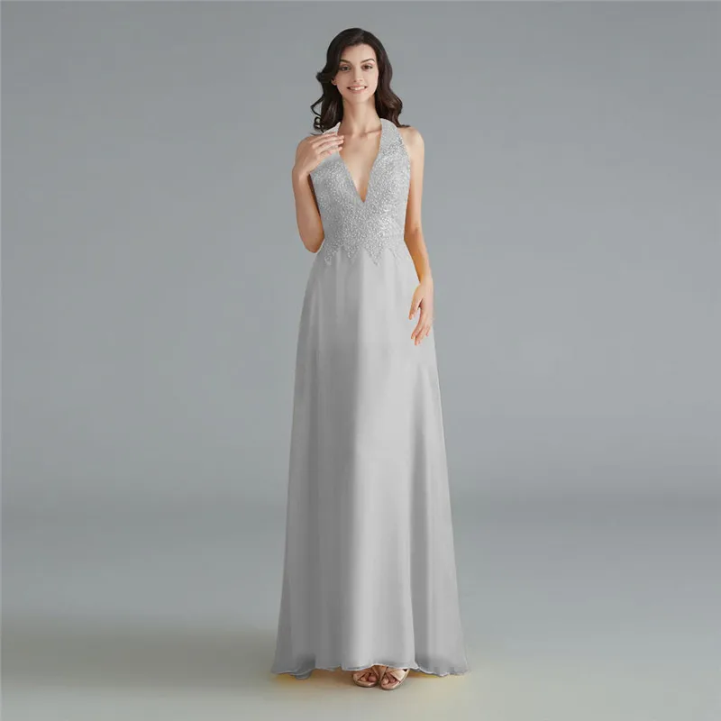 Silver Gray Beauty-Emily шифоновые желтые платья подружек невесты v-образным вырезом тяжелое бисерное ТРАПЕЦИЕВИДНОЕ свадебное платье вечернее платье Robe De Soiree - Цвет: Silver Gray