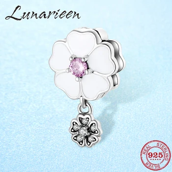 

Genuine 925 Sterling Silver Flower bloom Clips Beads White Enamel Clear CZ Charm fit Original Reflection Bracelet Women Jewelry