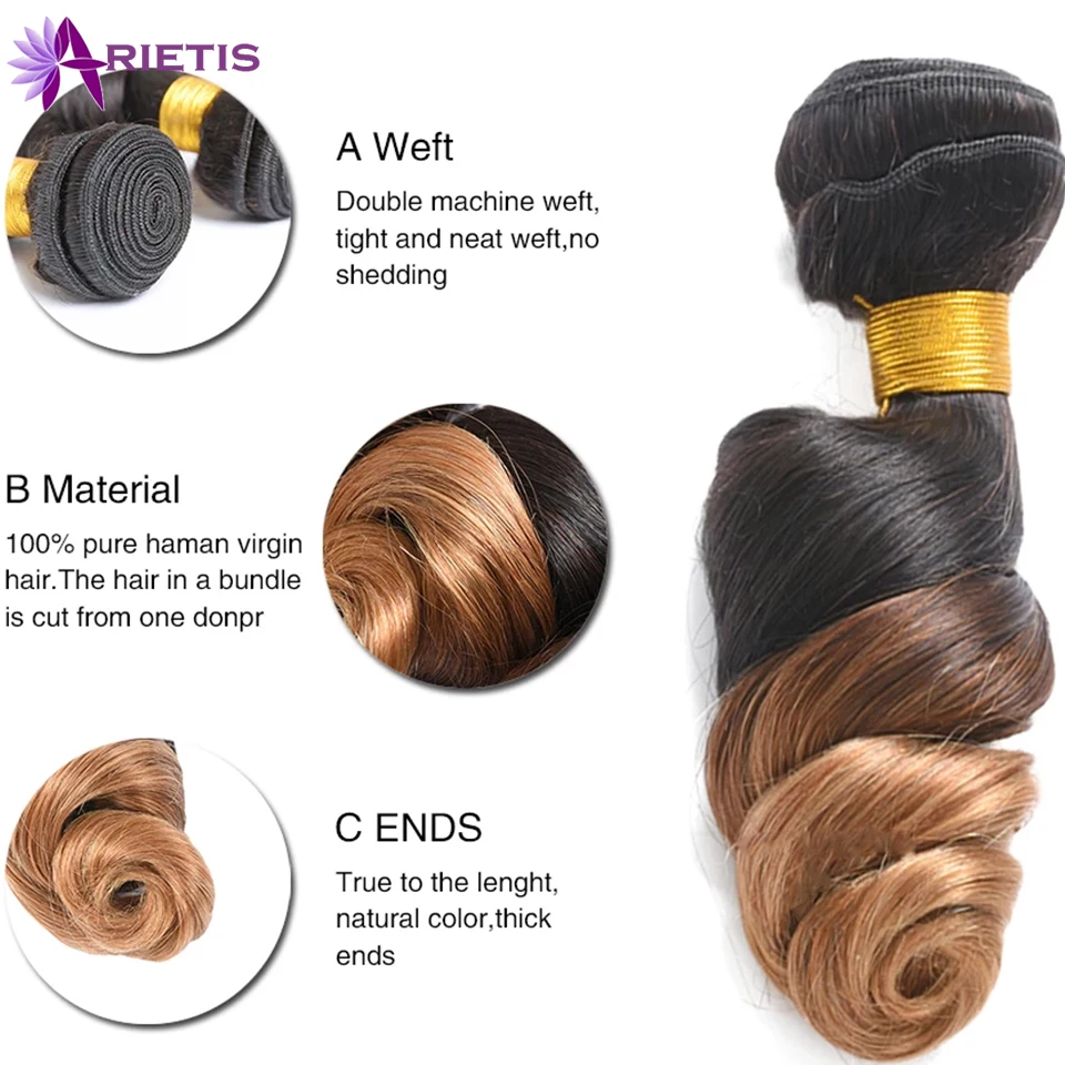 15A Ombre Hair Bundles Brazilian Loose Wave T1B/4/27 Color Human Hair Bundles 100g/Piece Double Weft Remy Extensions