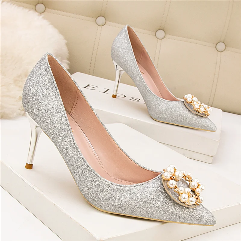 2020 Women Pearl 7cm High Heel Glitter Crystal Pumps Lady Wedding Gold Silver Thin Heels Female Scarpins Valentine Bridal Shoes | Обувь