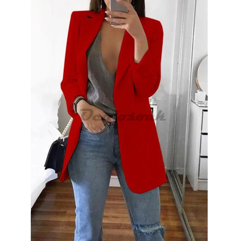Блейзер feminino, Женская куртка, осенняя, длинный рукав, тонкая, с отворотом, открытая, сшитая, длинная куртка, черная, для офиса, для работы,, костюм, куртка для женщин
