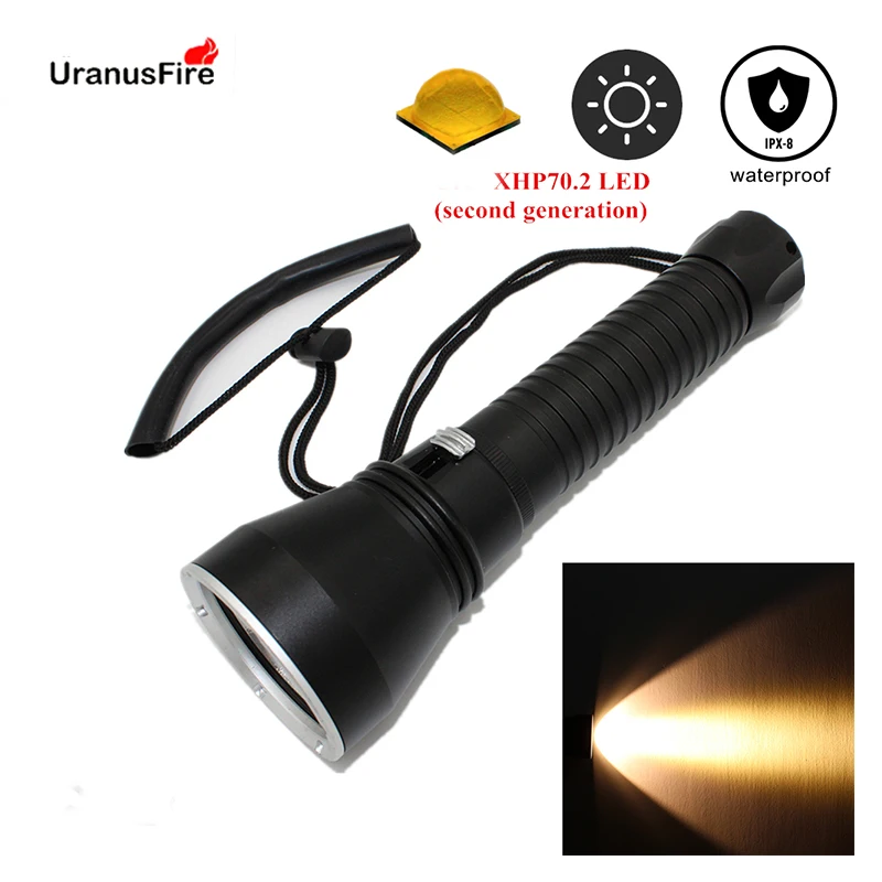 Yellow light  XHP70.2 LED dive light 4000 lumen diving flashlight 26650 torch underwater tactical hunting flashlight dive