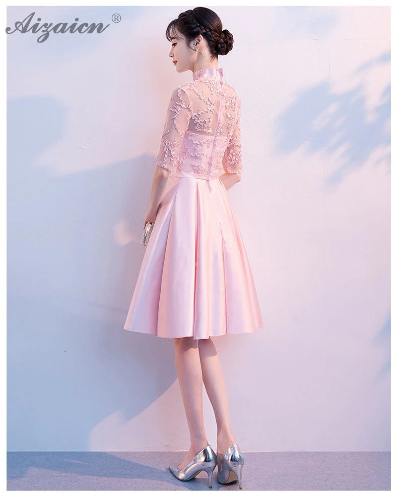 Pink Elegant Evening Dresses Qi Pao Women Traditional Chinese Dress Cheongsam Modern Femme Lace Short Qipao Bridesmaid Gown