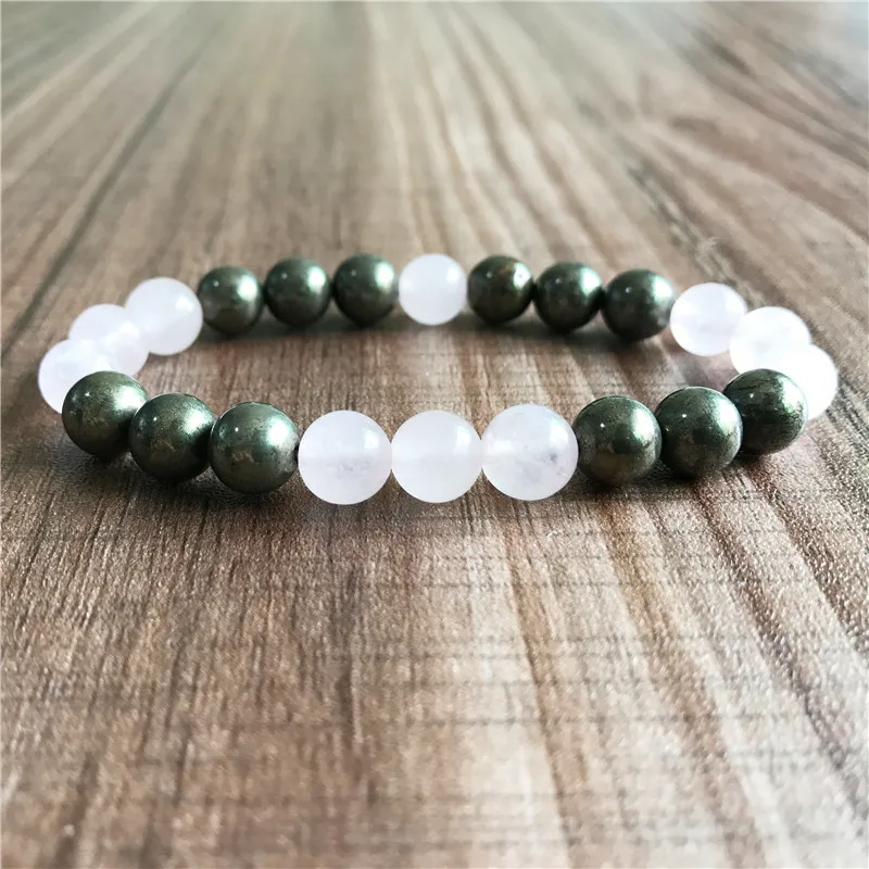 8MM Runde Perlen Pyrit & Rosenquarz Armband Mode Yoga Meditation Armbänder Handgelenk Armband Mädchen oder Junge Geschenk – Detail 2