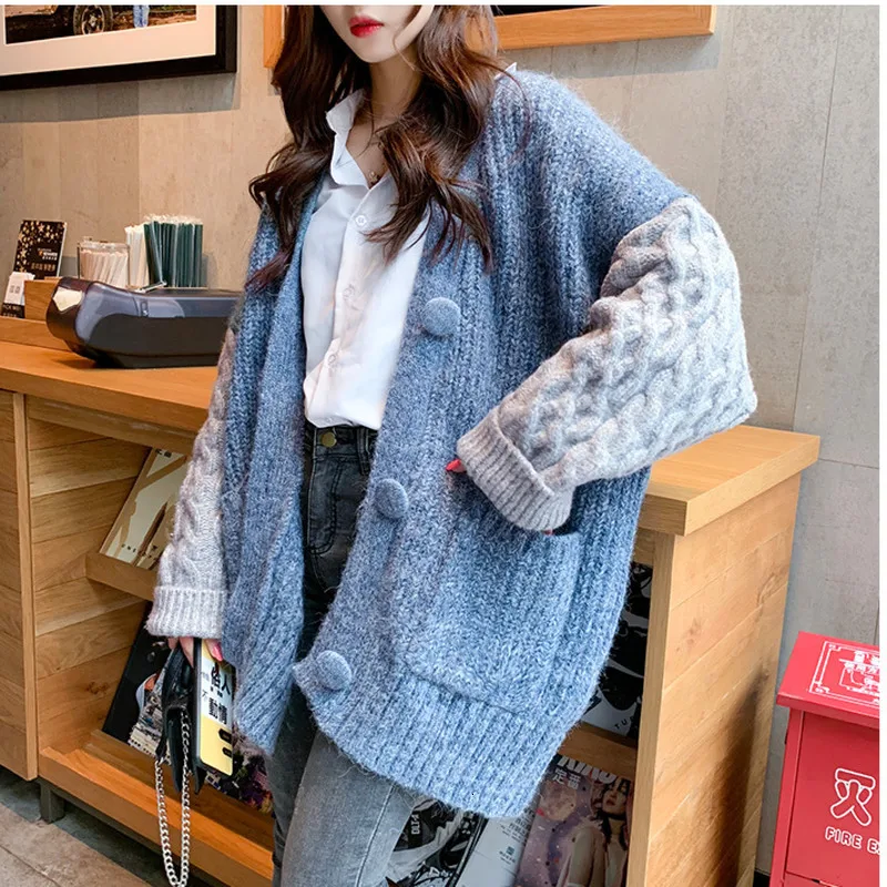 

[EWQ]Scarf Collar Cardigan Sweater Sweet Stitching Double Pocket Plus Size Thick warm Women Wool Knit Coat 2019 Autumn New QL196