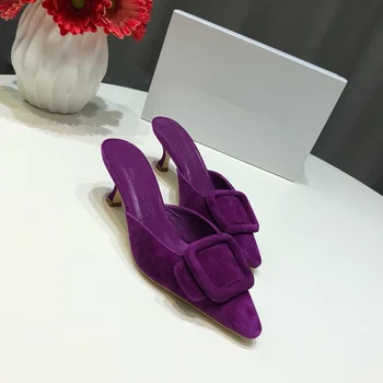 

Women Spring/Summer Faux Suede Sandals Shoes Mid Thin Heel Genuine Leather Sole Women Shoes Mature Slingbacks Wedding Shoes