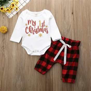 

Pudcoco Newborn Baby Girls Boys Xmas Outfits Long Sleeve Letter Romper Tops + Plaid Check Pants + My First Christmas Clothes Set