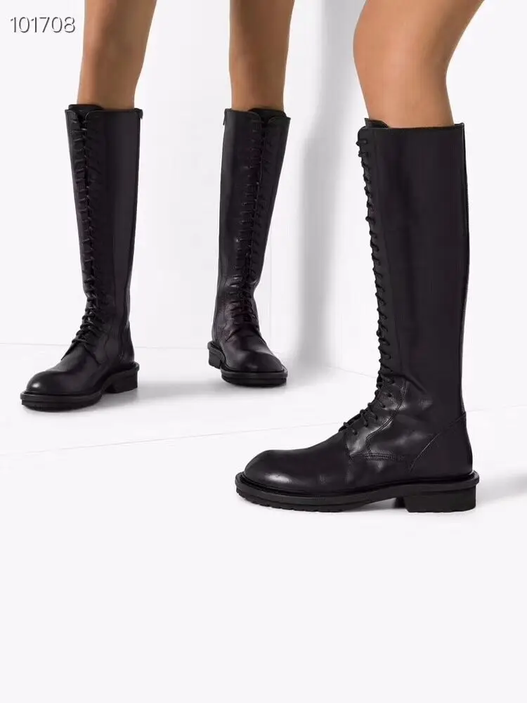 

New Arrivals Lace Up Knee High Long Boots Rome Design Women Round Toe Flats Boots Shoes Winter Motorcycle Boots