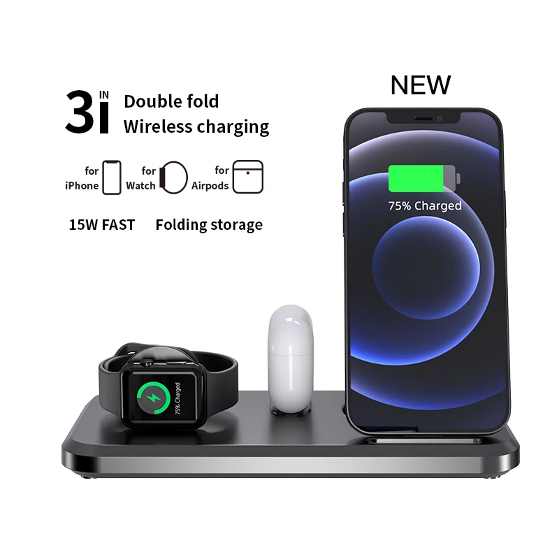 Беспроводное зарядное устройство KEPHE Fold 3 в 1 для Iphone 12 11 XS XR Android Samsung Apple Watch Airpods