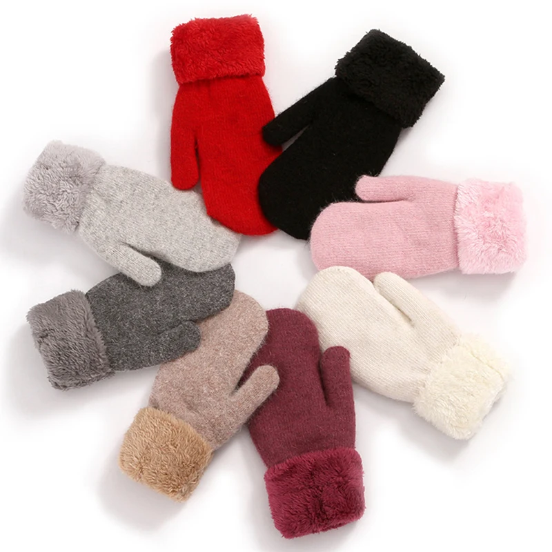 Winter Velvet Gloves Women Soft Wool Double-Layer Knitting Warm Mittens Girls Solid Color All Fingers Cashmere Gloves