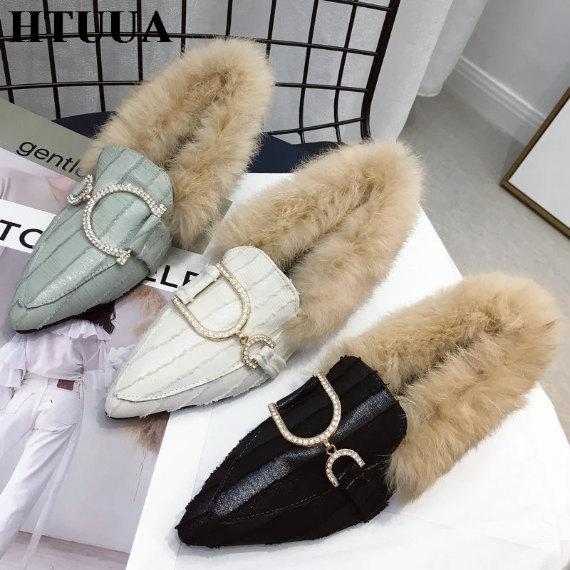 

HTUUA Flock Fluffy Fur Winter Shoes Women Sexy Pointed Toe Low Heel Pumps Brand Metal Buckle Ladies Shoes Slip On Loafers SX3487