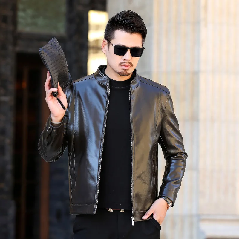 

Haining Leather Coat Men's Fashion Slim Fit 2018 Autumn New Style Faux Sheep Skin Leather Jacket Thin Men Leather Coat Special O