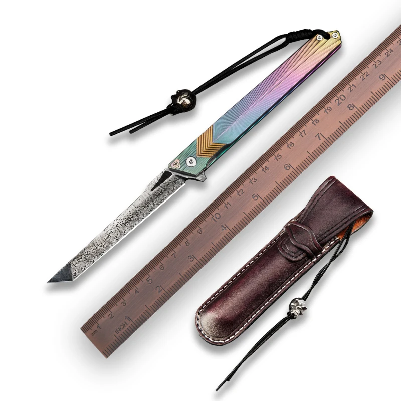 

Japanese Style Damasteel Pocket Knife with Leather Sheath Fliper EDC Damascus Steel Titanium Handle Folding Knives for Men