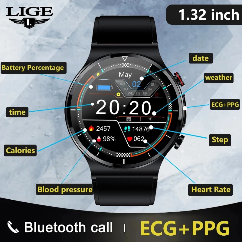 LIGE Smart Watch Men ECG+PPG Health Fitness Tracker Watch For Men