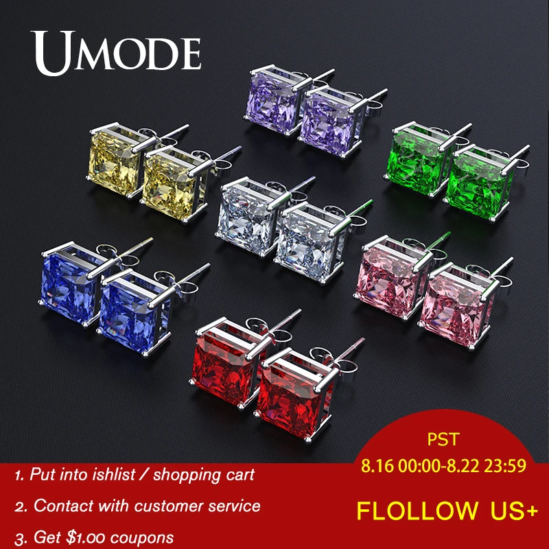 

UMODE 7 Colors Square Cubic Zirconia Stud Earrings for Women Silver Color Fashion Earrings Engagement Wedding Jewelry UE0591