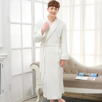 Распродажа, супер мягкий удлиненный теплый фланелевый банный халат кораллового цвета для мужчин и женщин, мужской Халат-кимоно, мужской халат для влюбленных, Зимние халаты - Цвет: Men Ivory
