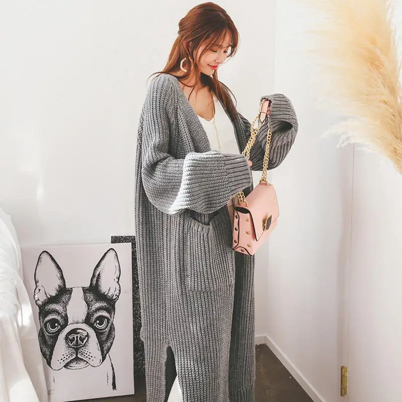 gray sweaters Осенне-зимний длинный кардиган, свитер, куртка для женщин с карманом, черный, розовый, Свободный вязаный кардиган, утолщенный теплый кардиган, пальто C5999 - Цвет: gray sweaters