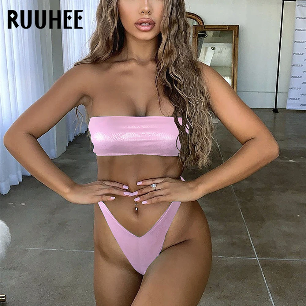 RUUHEE, бикини,, блестящий бандо, купальник, женский, сексуальный, с высокой посадкой, бикини, набор, купальник, пляжная одежда, Женский Летний Бикини
