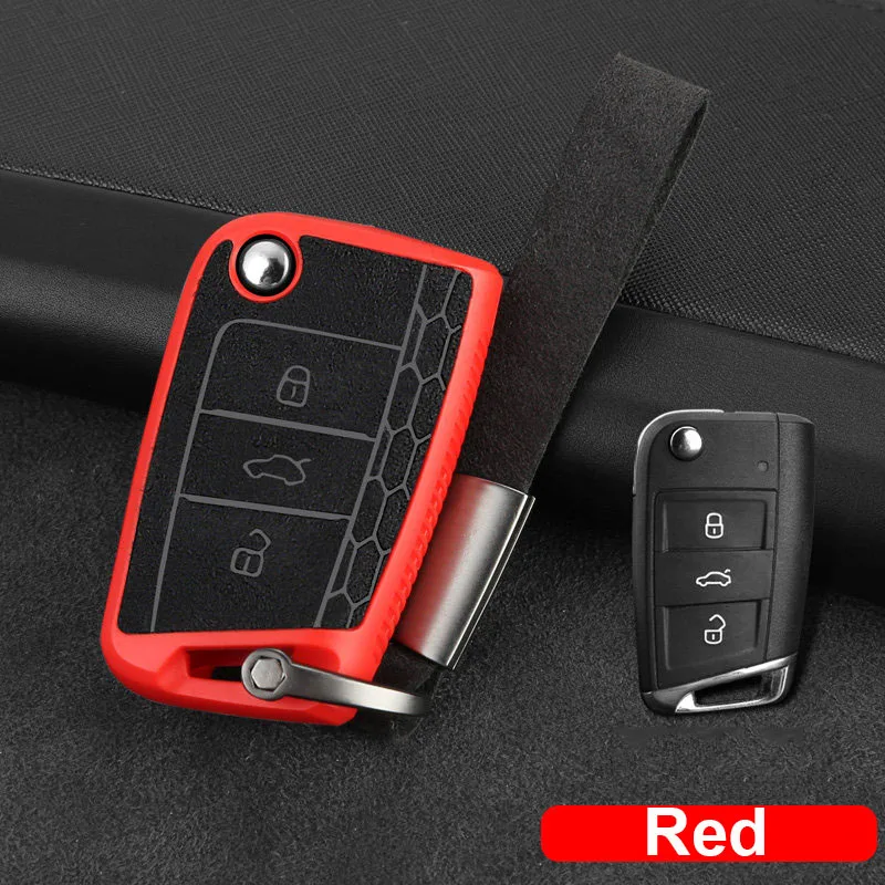 Red Пластиковый+ кожаный чехол для ключей автомобиля для Volkswagen VW Golf 7 MK7 Tiguan mk2 для Skoda Octavia A7 Kodiaq - Название цвета: Red