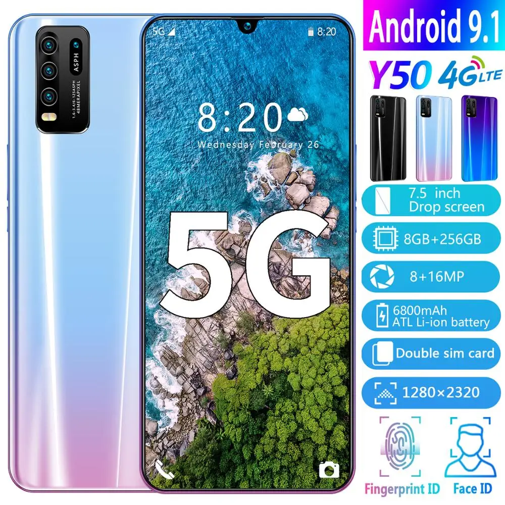 US $108.66 2020 New Global Version Y50 75 Inch Large Screen Smartphone Android Deca Core 8GB RAM 256GB ROM 6800mAh 4G LTE Moblie Phone